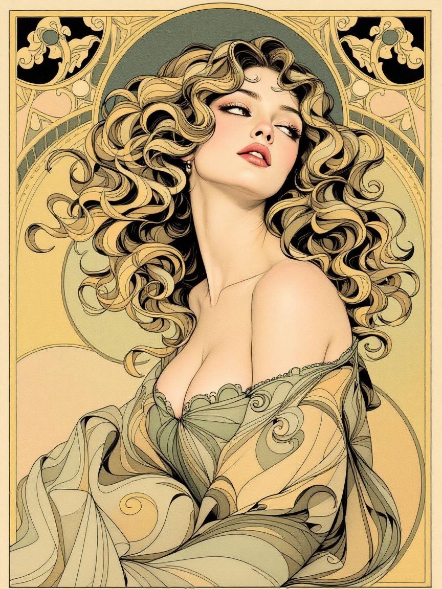 Blonde Woman in Flowing Gown with Art Nouveau Background