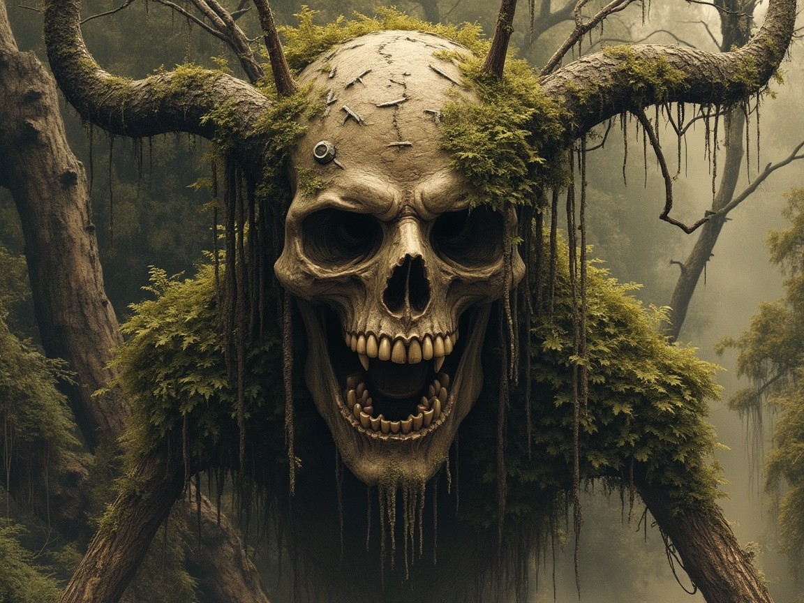 Colossal Skull Surrounded by Misty Forest and Trees