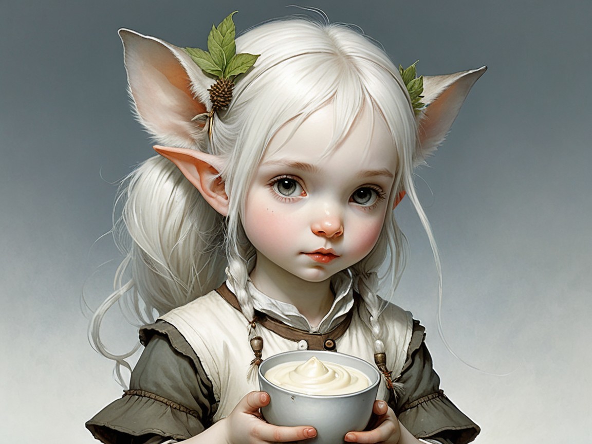 Whimsical Character with Silvery Hair and Cream Bowl