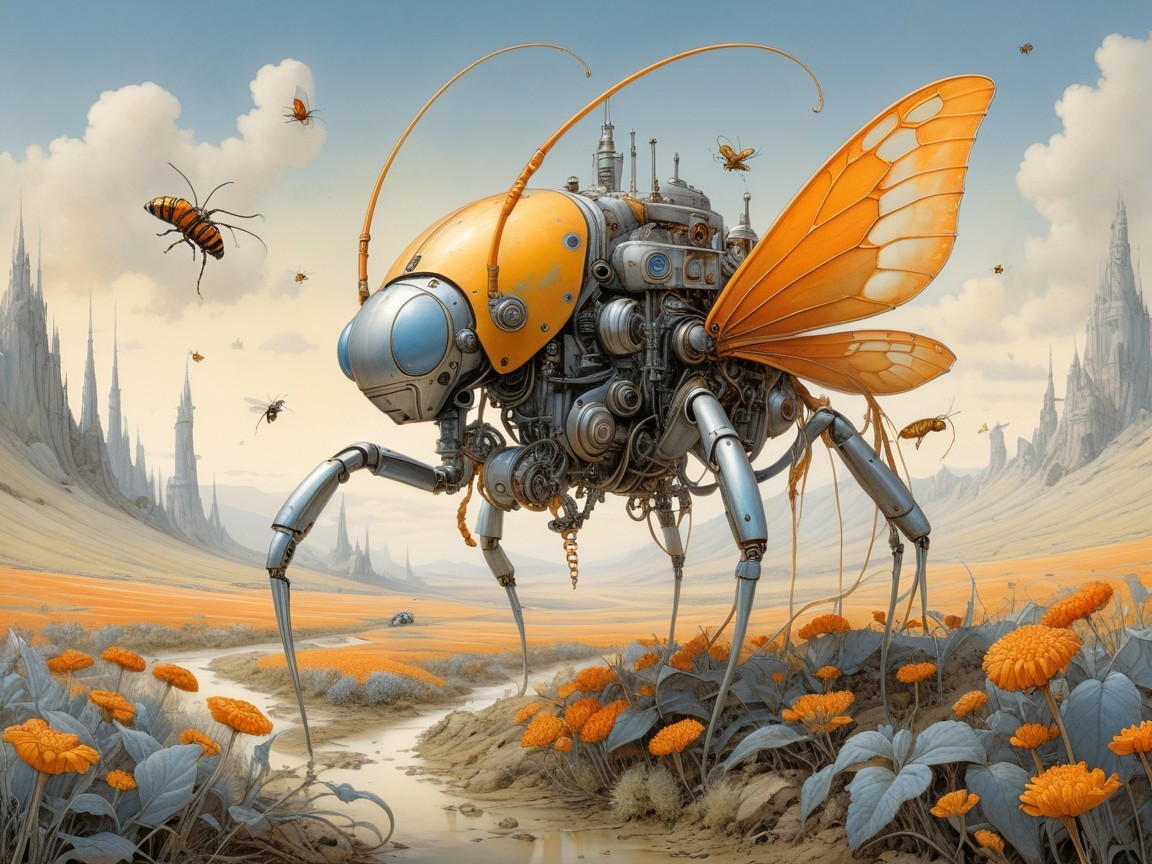 Surreal Landscape with Mechanical Robot Bee and Flora