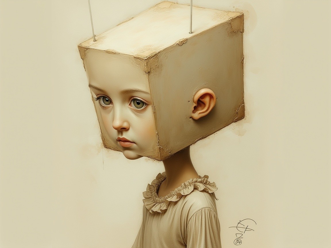 Surreal Child with Oversized Cube Head in Muted Colors