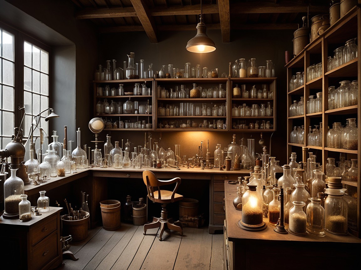 Old-Fashioned Laboratory with Glass Jars and Equipment