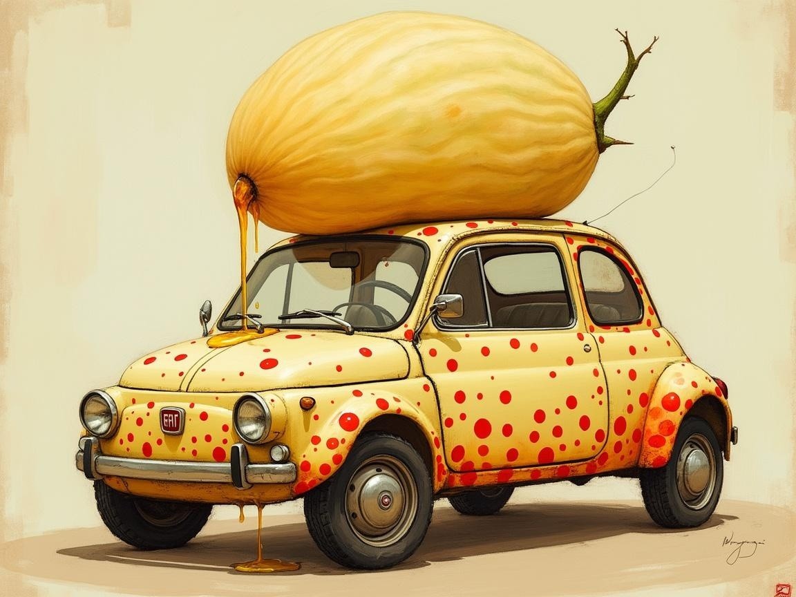 Whimsical Vintage Car with Polka Dots and Lemon Fruit