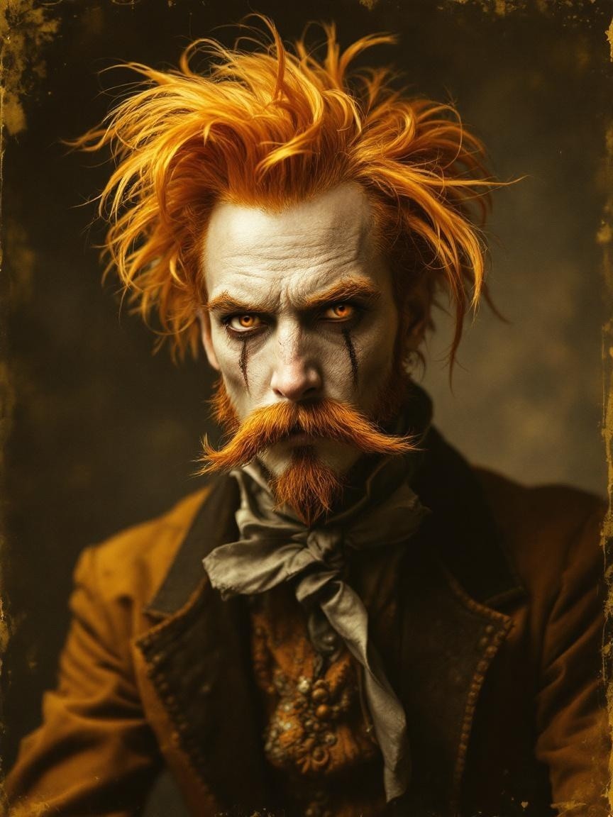 Portrait of a man with vivid orange hair and makeup
