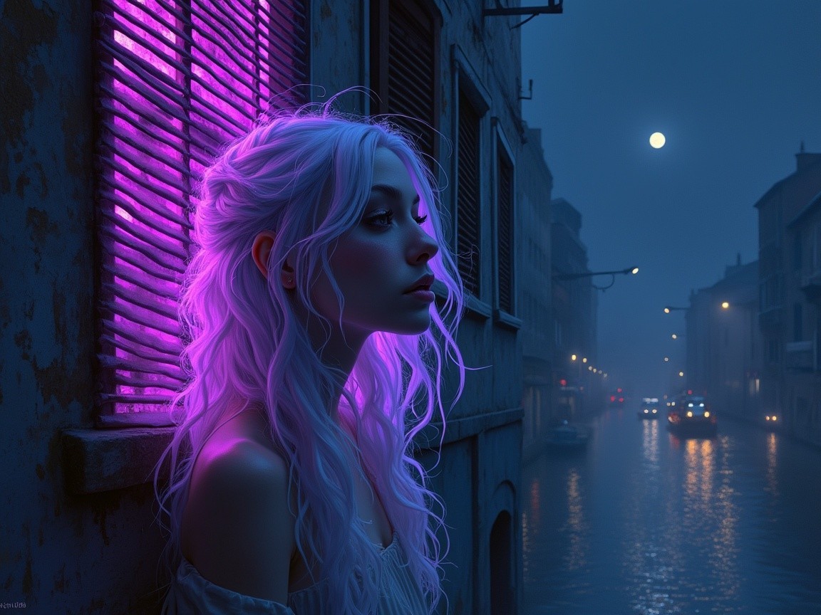 Young woman by window in purple light at night