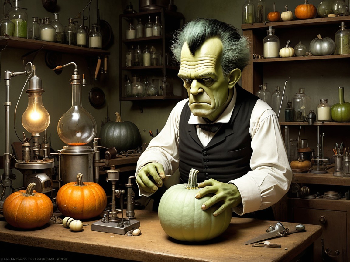 Green-Skinned Character Carving Pumpkin in Workshop