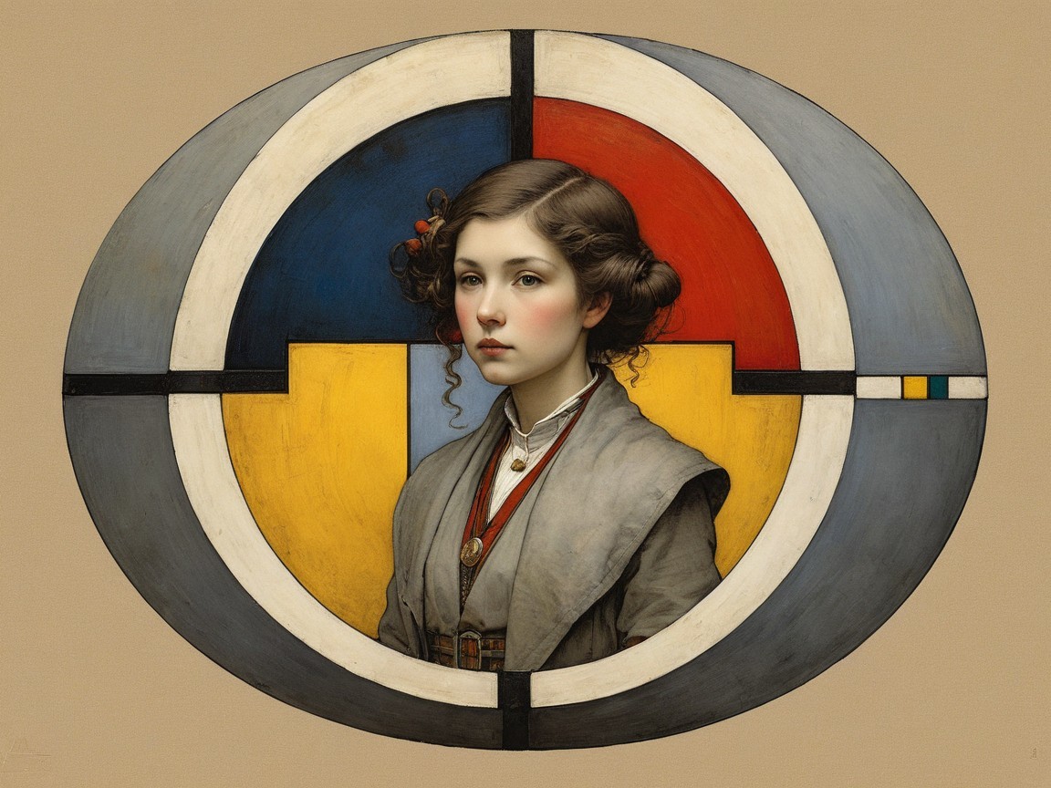 Young girl with dark curls and vibrant geometric background