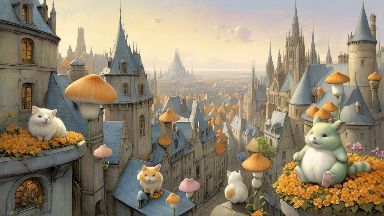 Whimsical Aerial Cityscape with Fantasy Elements