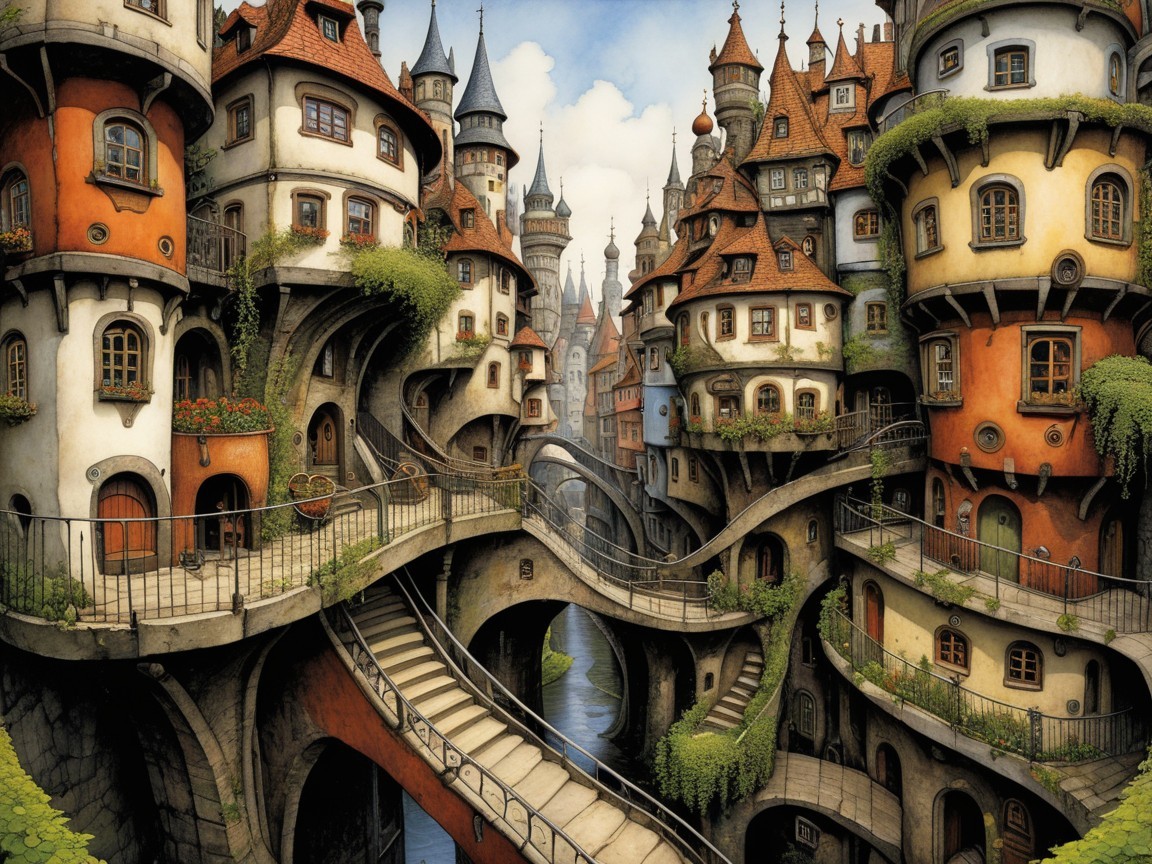 Fantastical Cityscape with Organic Architecture and Canals