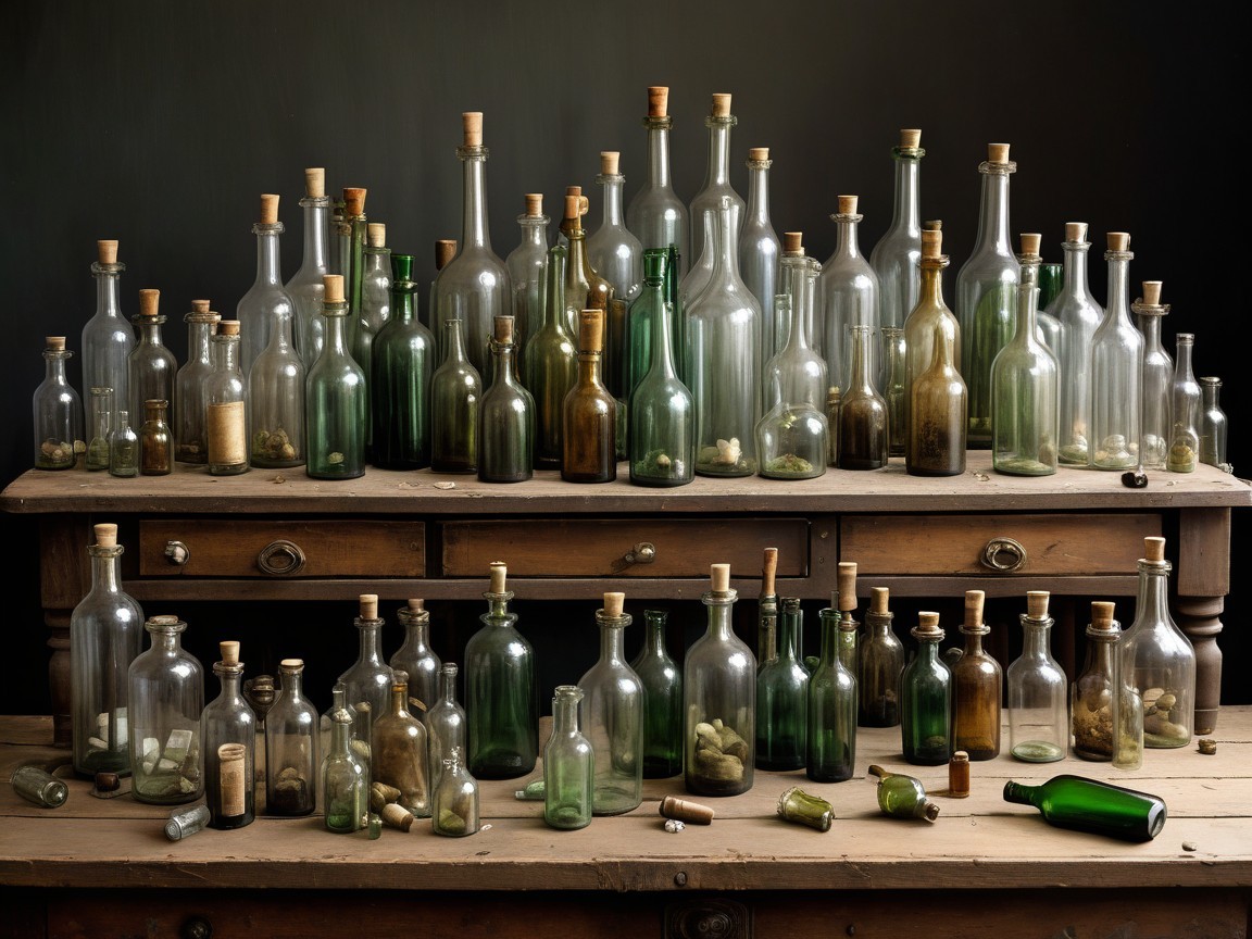 Rustic Wooden Table with Diverse Glass Bottles Display