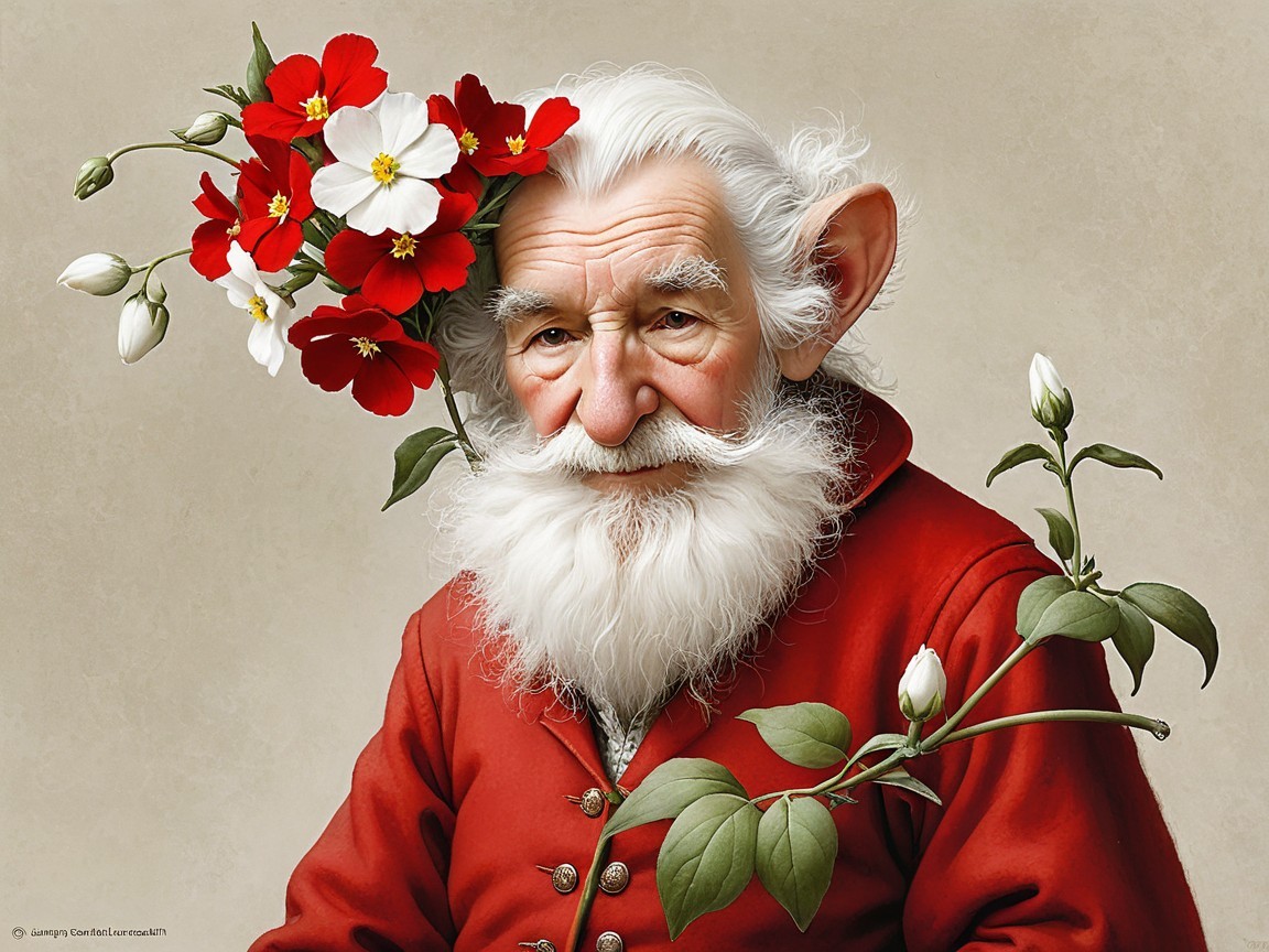 Elderly man with white beard and nature-inspired attire