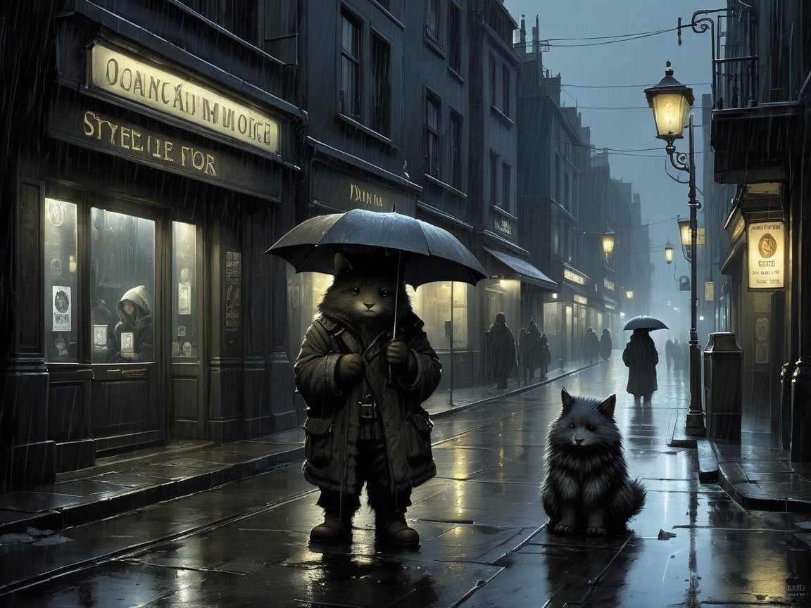Whimsical Cat in Rainy Nostalgic Street Scene