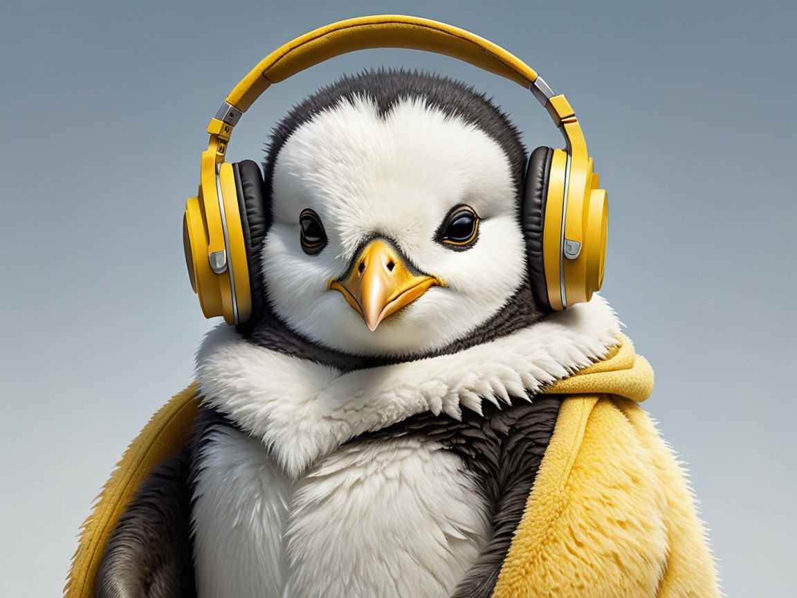 Penguin Chick in Yellow Headphones and Cloak