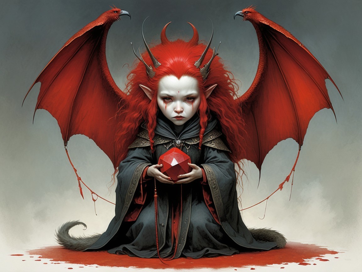 Mysterious Figure with Wings and Crimson Gem Description