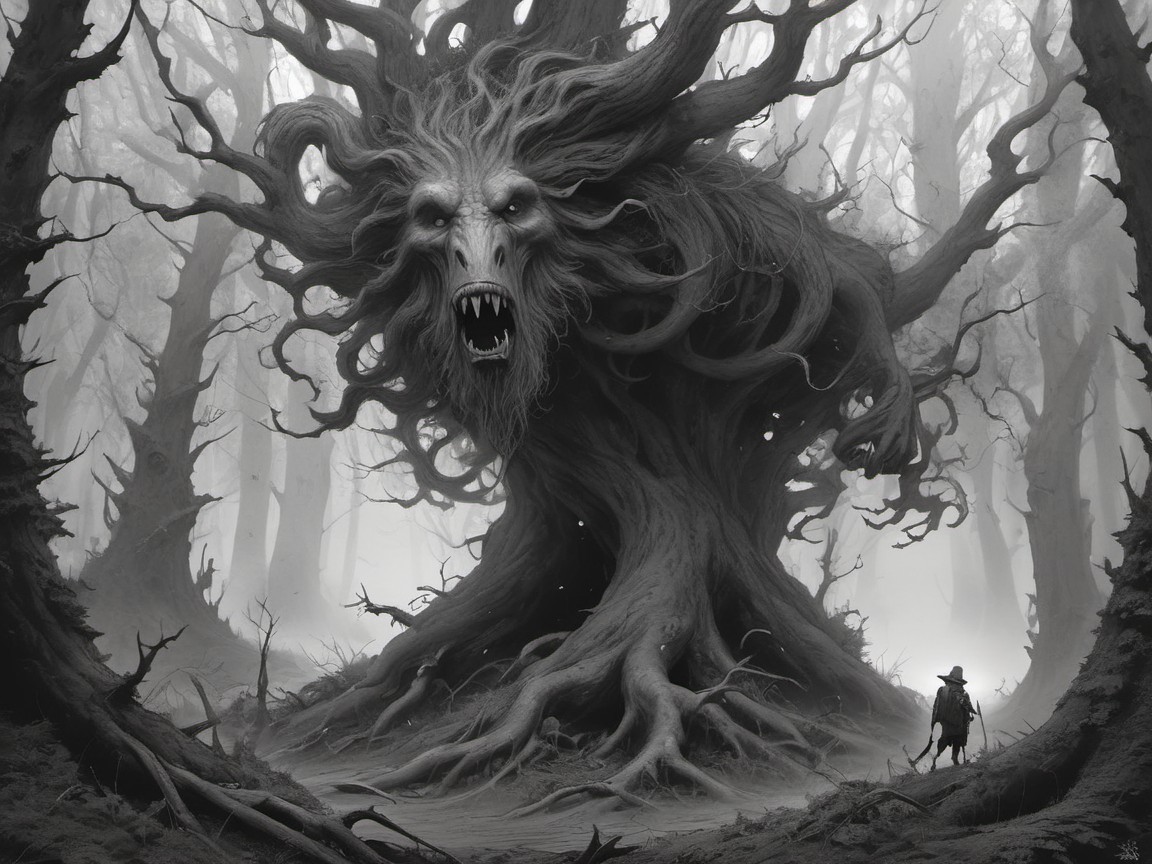 Colossal Twisted Tree in Fog-Laden Forest Scene