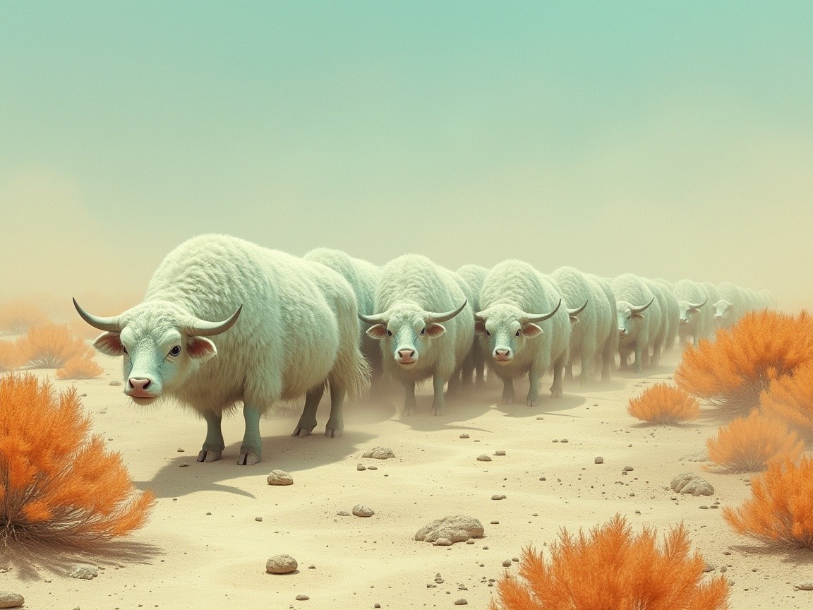 Fluffy White Bulls in a Dusty Landscape with Mist