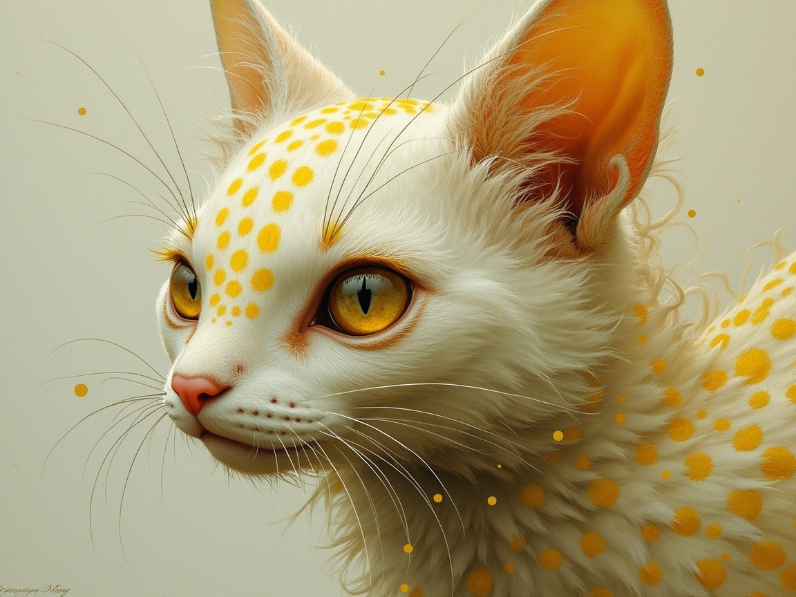 Artistic portrayal of a white cat with yellow polka dots