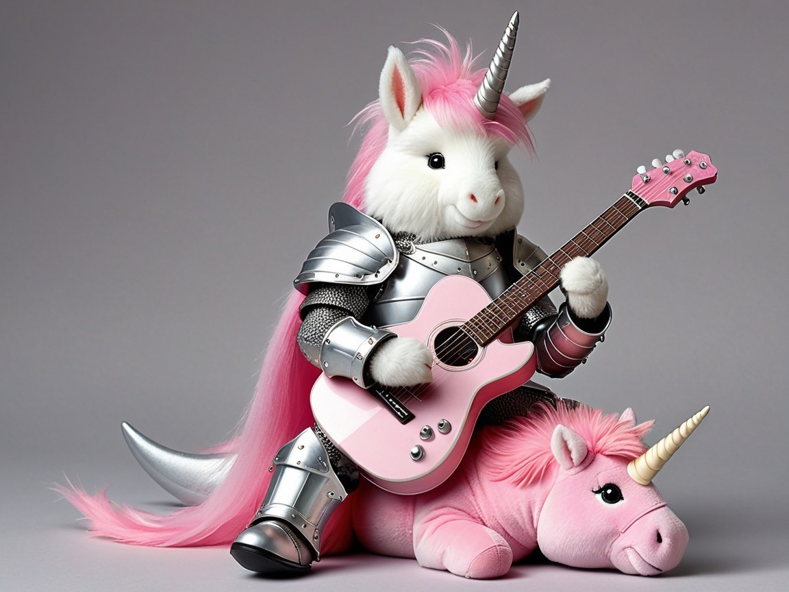 Whimsical Plush Unicorns in Armor with Guitar