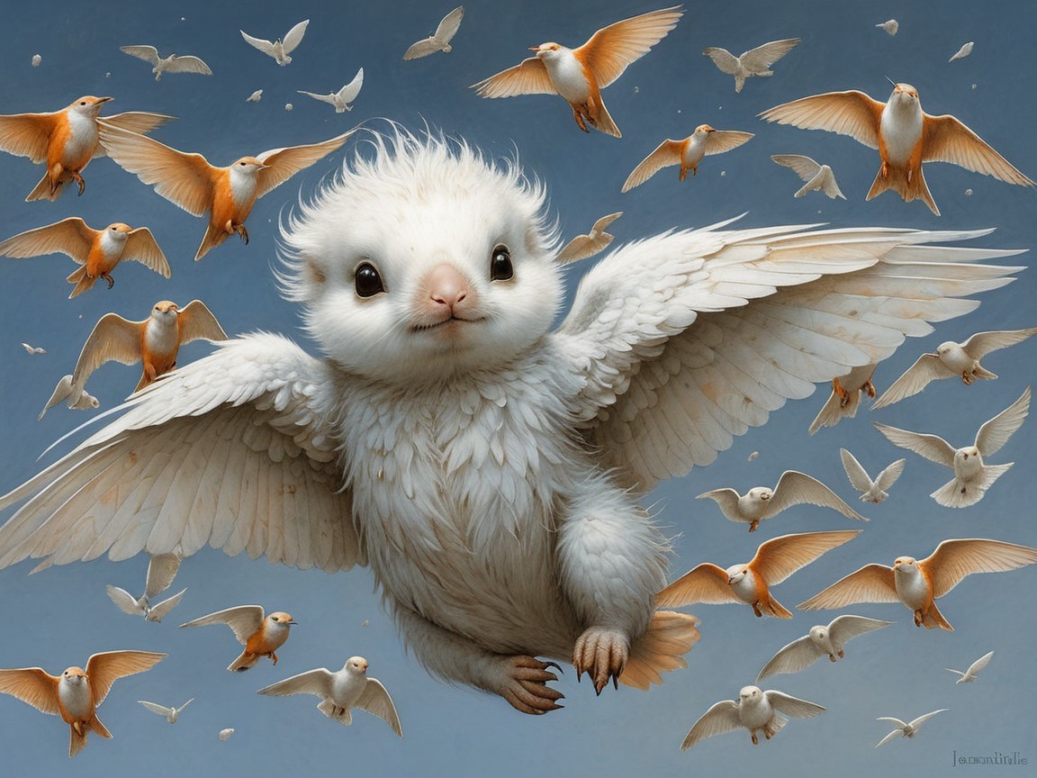 Whimsical Creature Blending Kitten and Bird Features