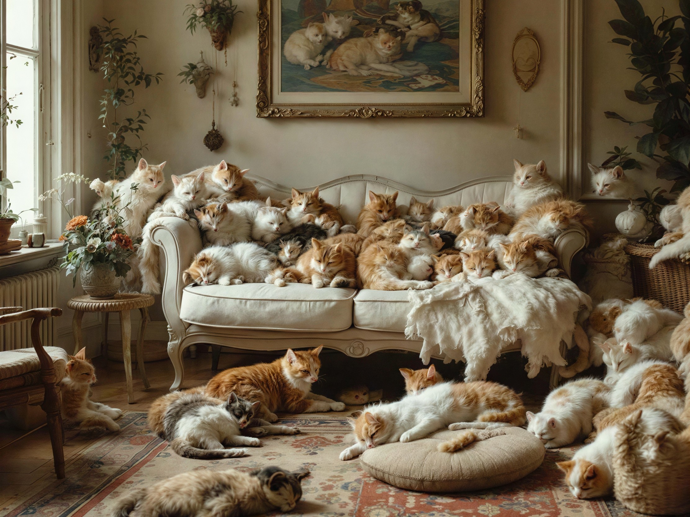 Indoor Scene with Cats on Vintage Couch and Rug