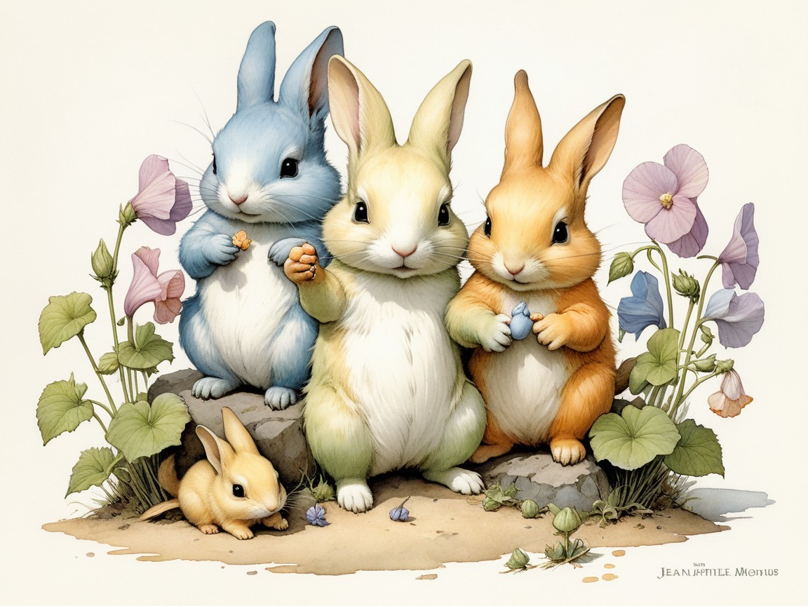 Cartoon Rabbits Surrounded by Colorful Flowers