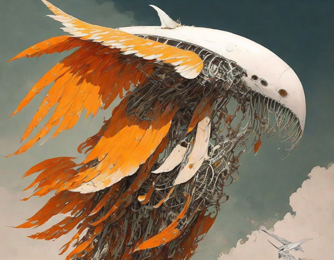 Vibrant orange mechanical bird with exposed gears in cloudy sky