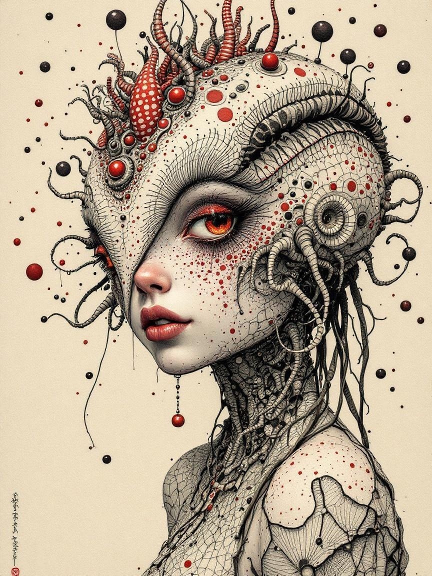 Surreal Figure with Intricate Details and Red Accents
