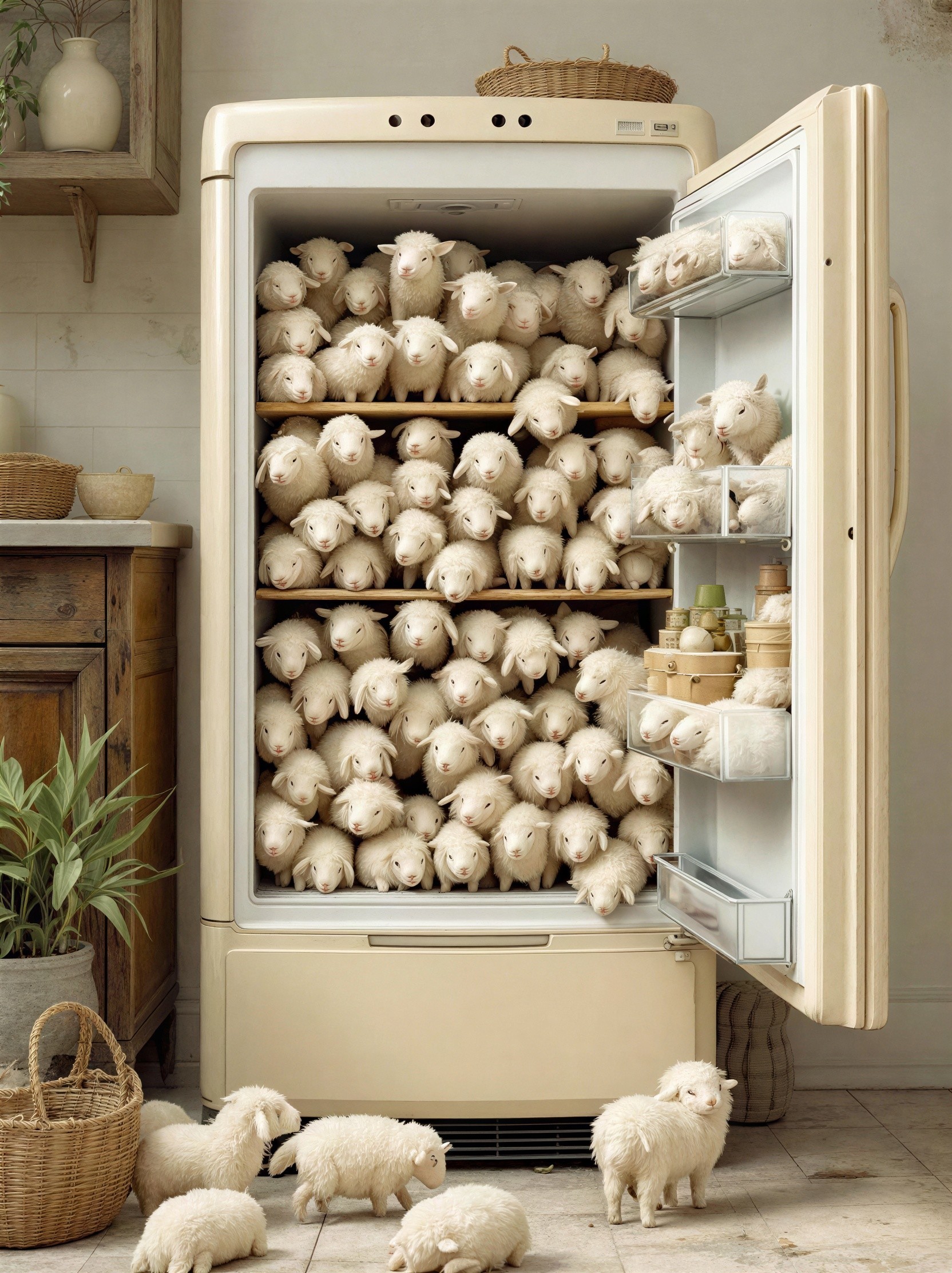 Refrigerator Overflowing with Fluffy White Sheep