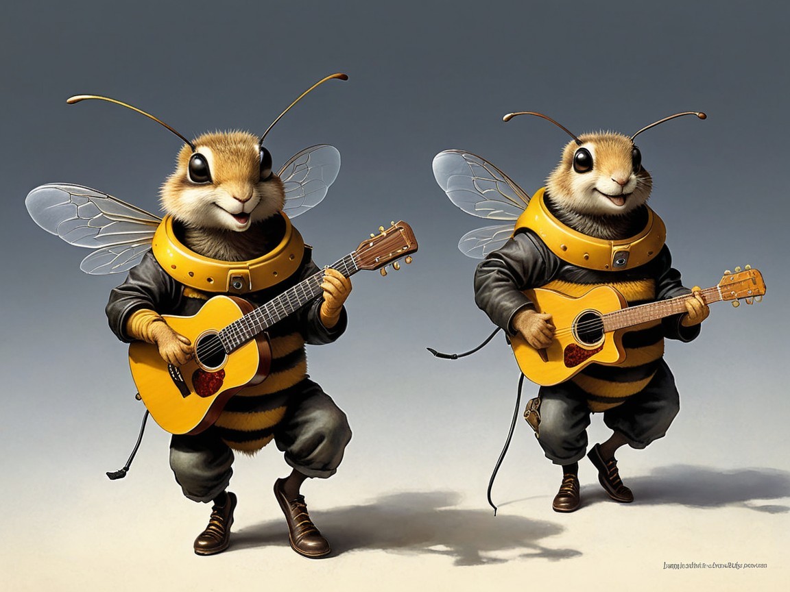 Anthropomorphic bees with guitars in playful scene