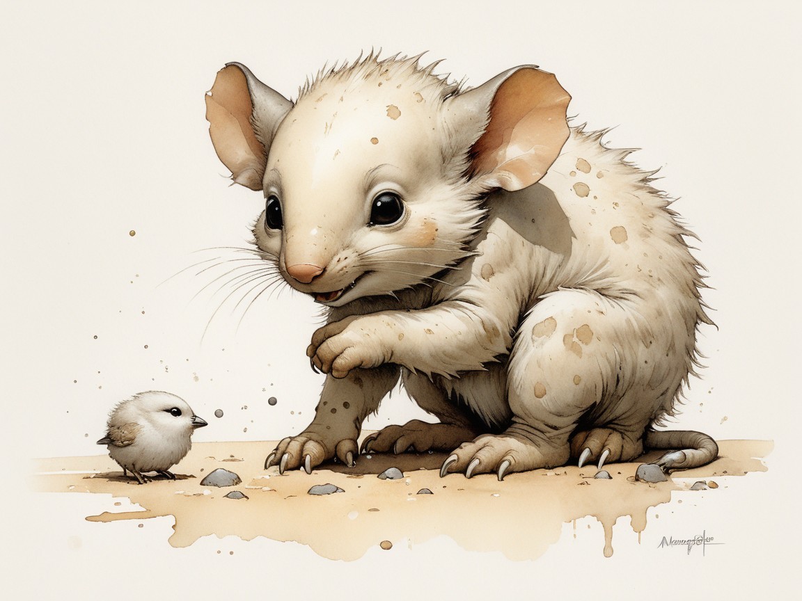 White Mouse and Chick in Whimsical Beige Setting