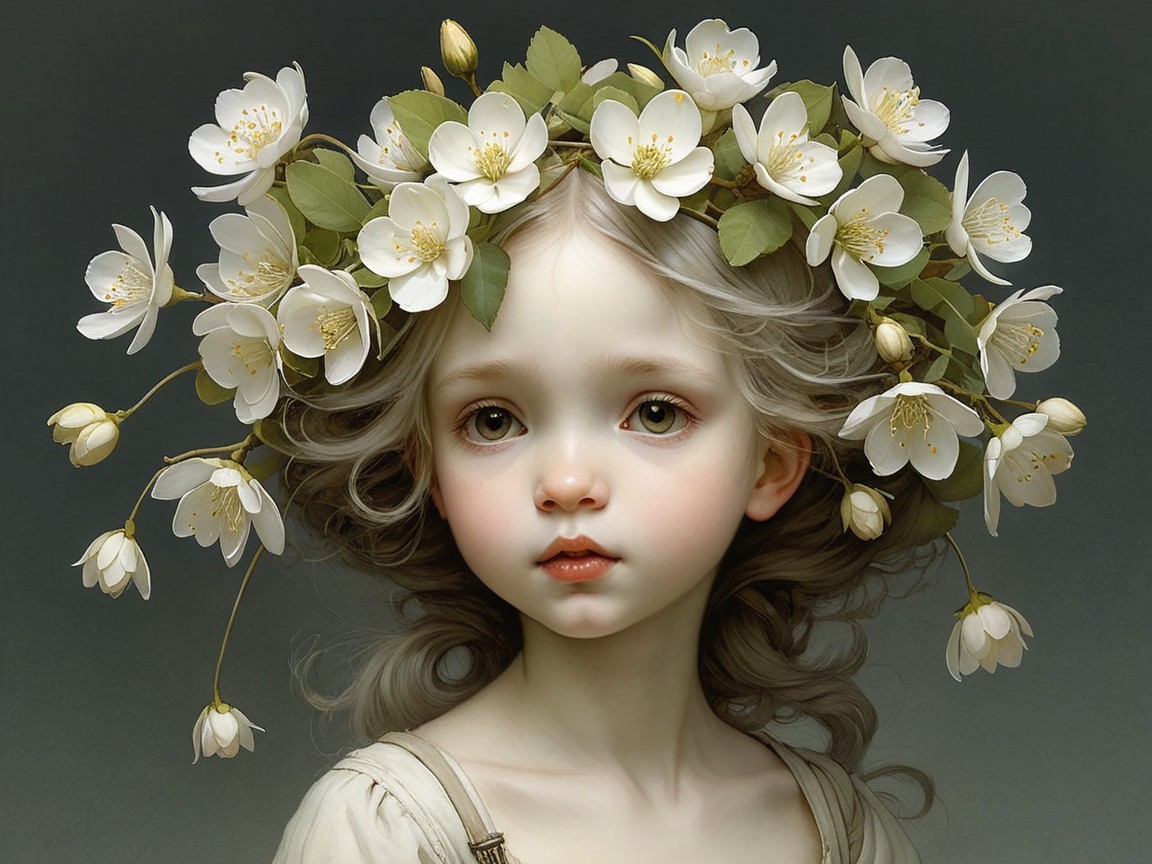 Young girl with flower crown and ethereal beauty