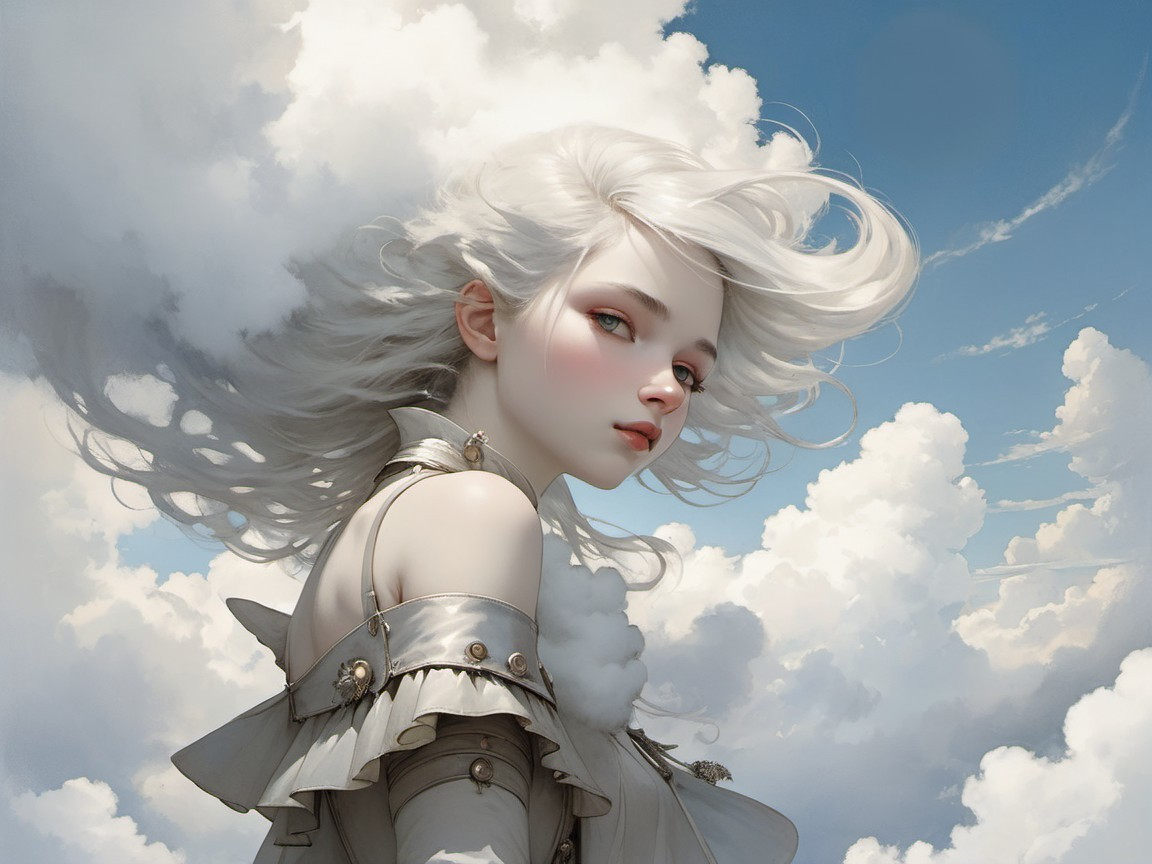 Ethereal figure in flowing attire among soft clouds