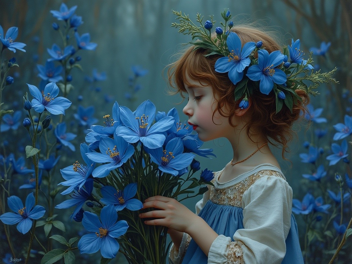 Young girl in blue dress with bouquet in misty forest