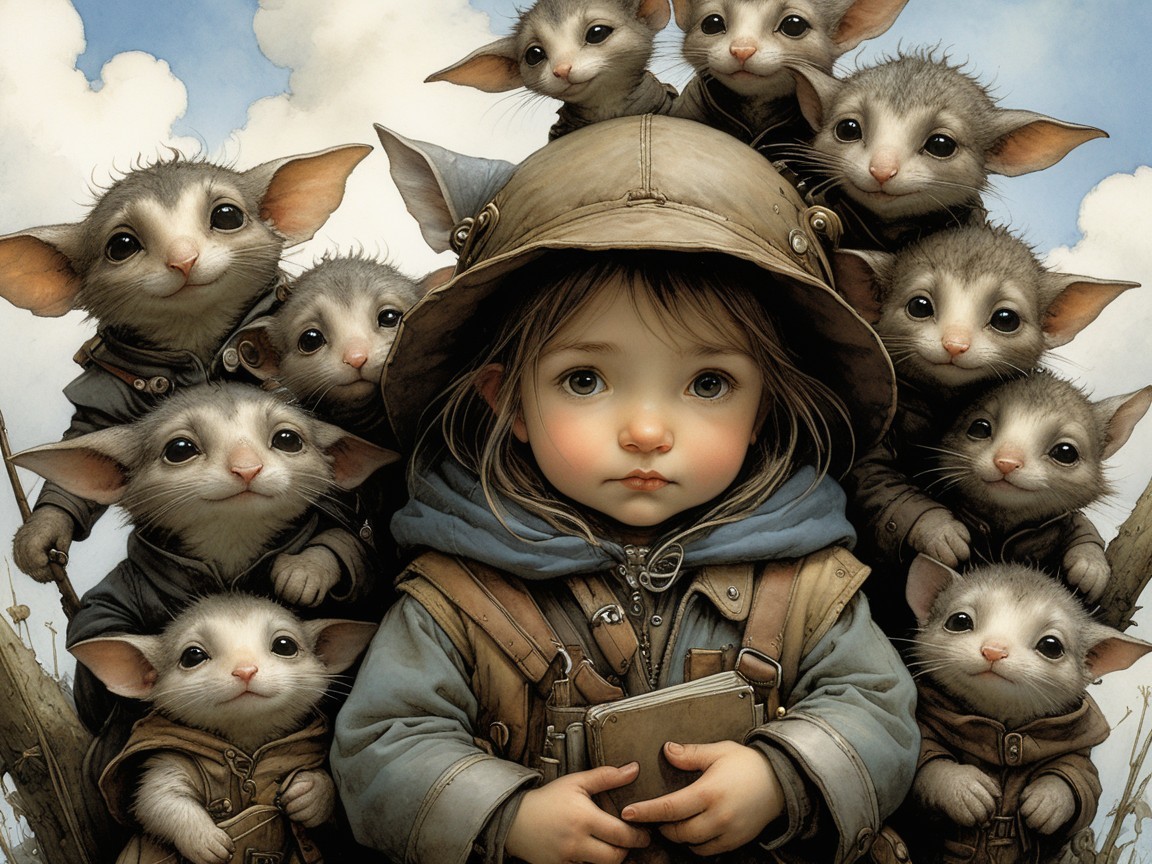 Child in Blue Hoodie Surrounded by Playful Creatures