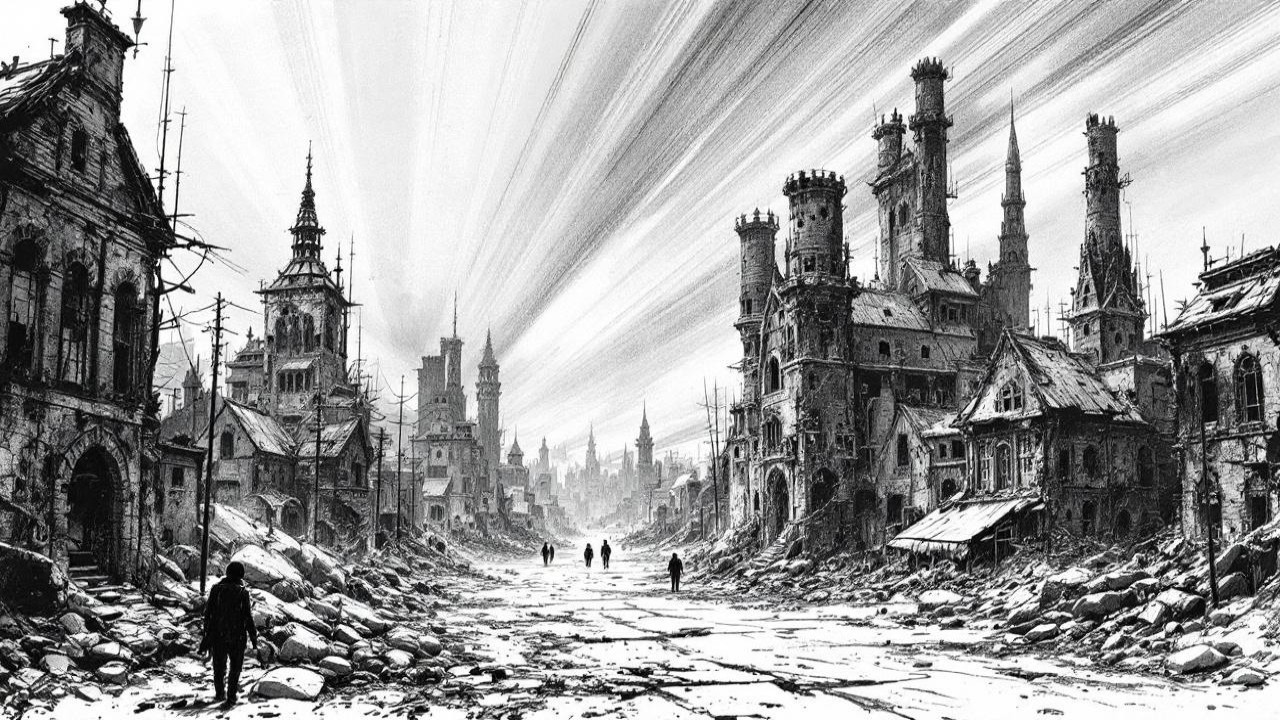 Desolate Urban Landscape with Gothic Ruins and Debris