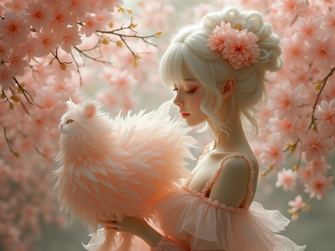 Serene Woman with Pink Cat in Pastel Blossom Garden