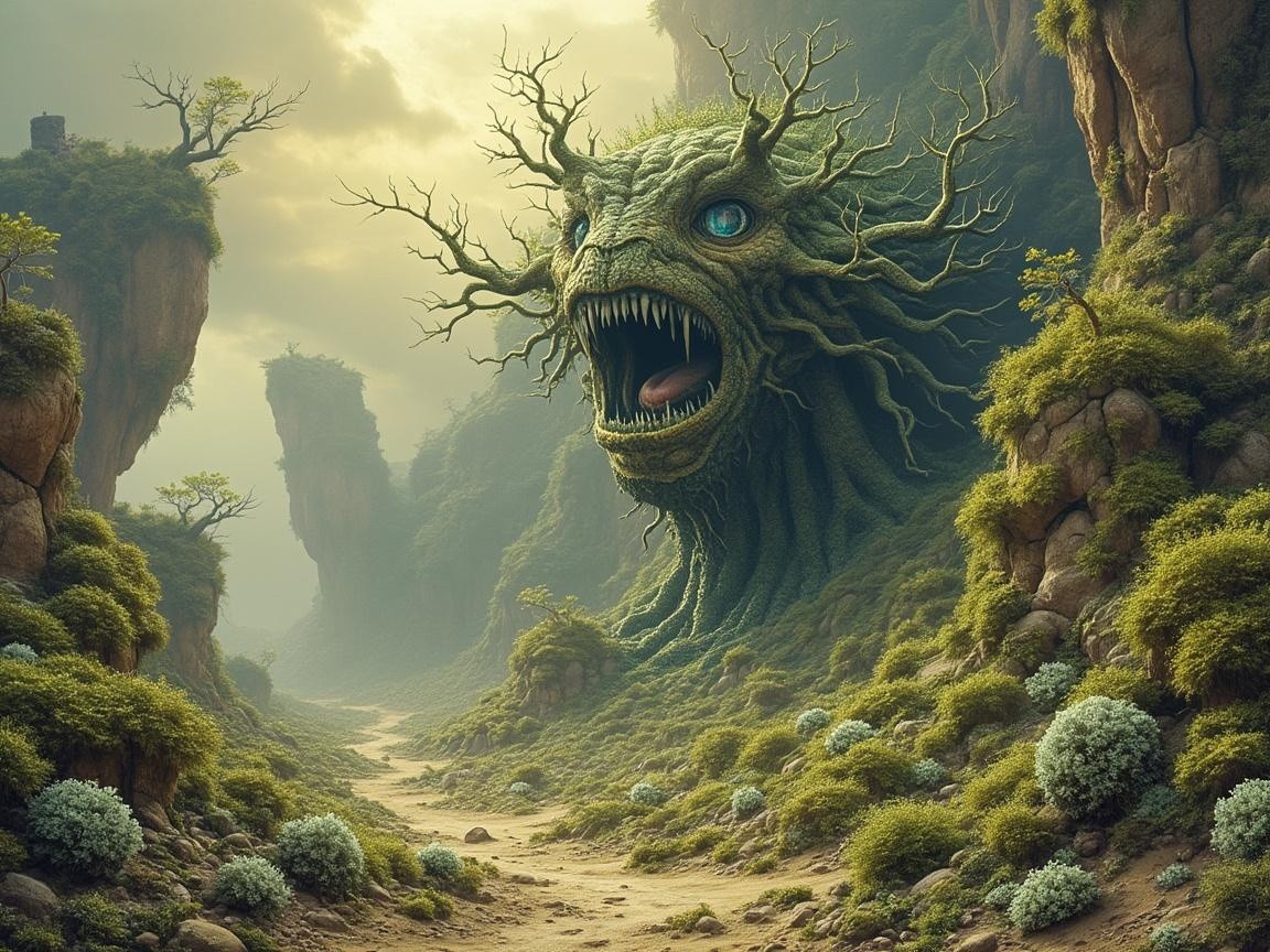 Colossal Tree Creature in a Misty Valley Setting