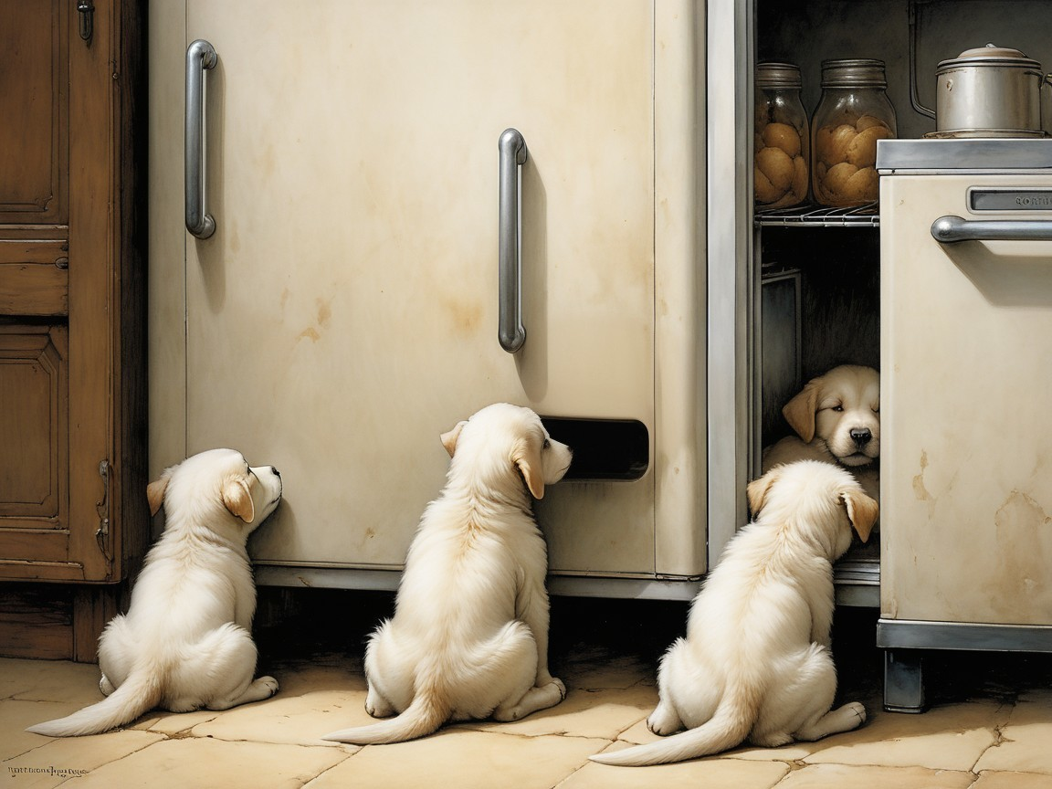 Cozy kitchen with playful golden retriever puppies