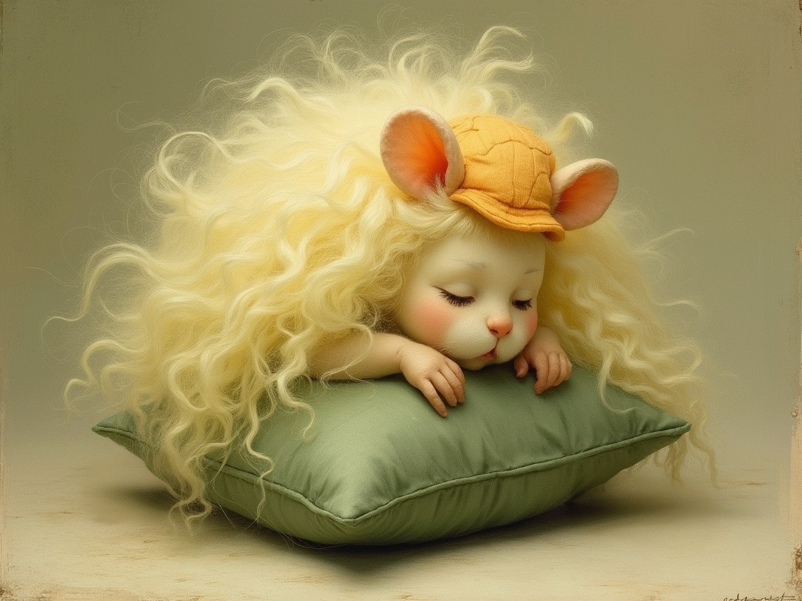 Whimsical Doll with Curly Blonde Hair on Green Pillow