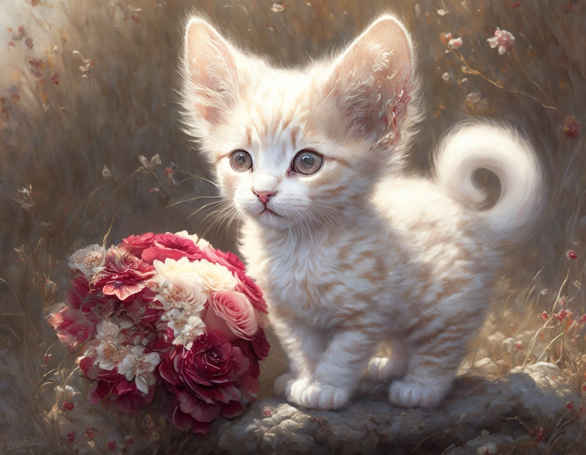 Fluffy Cream Kitten Next to Pink and White Flowers