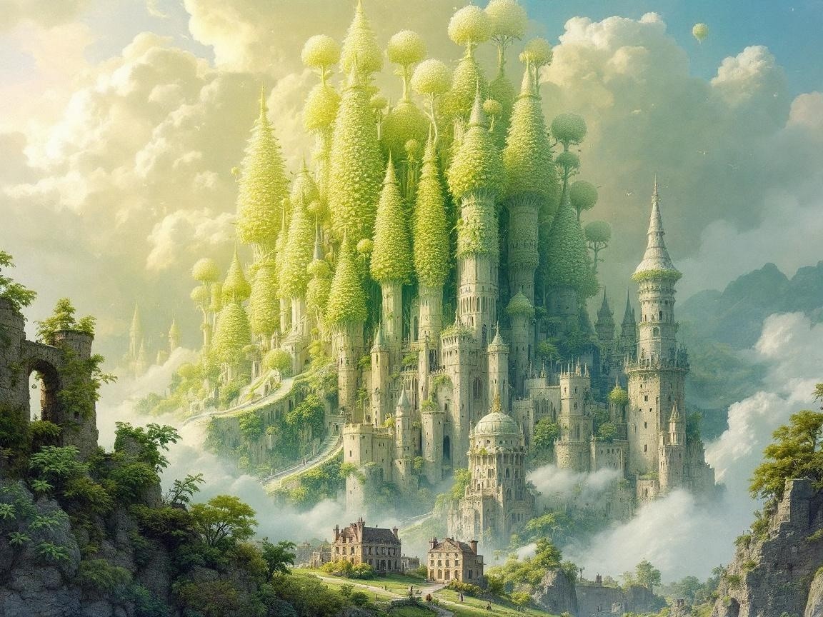 Fantastical castle in a lush, magical landscape