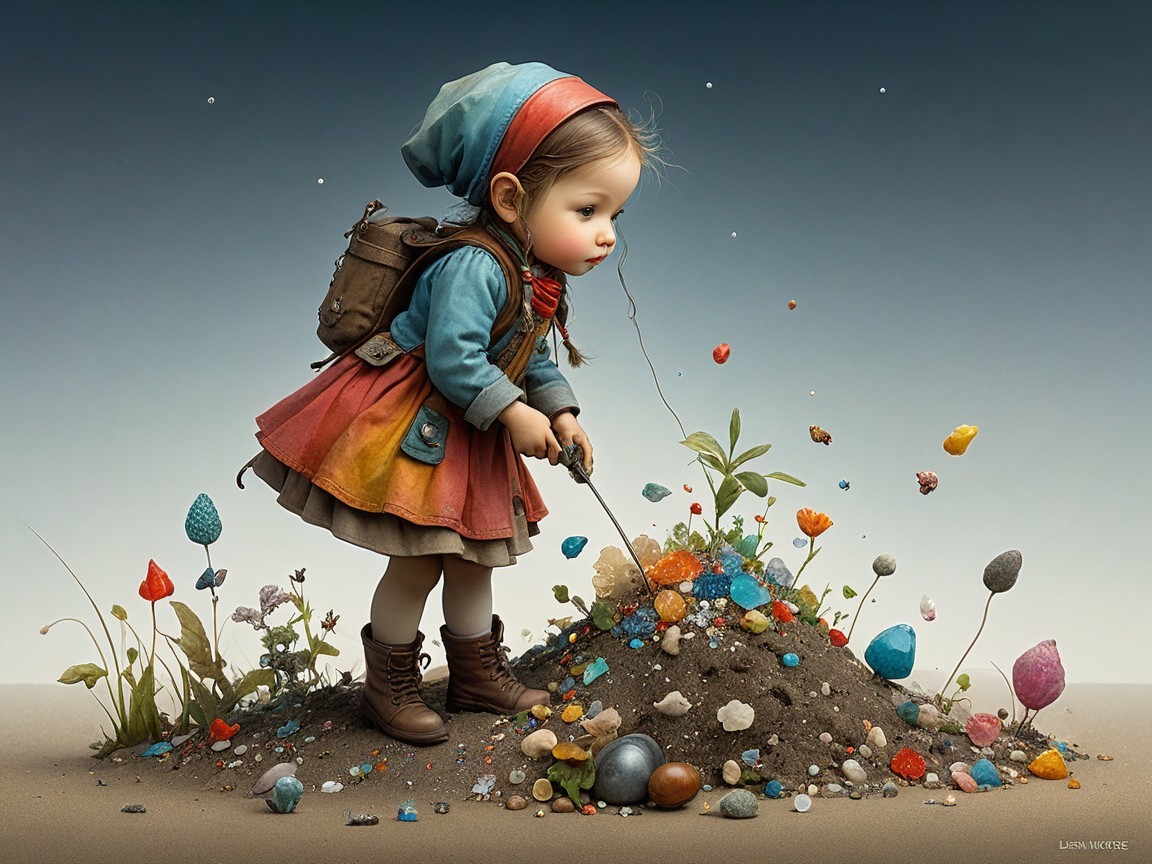 Young girl in colorful dress explores enchanted garden