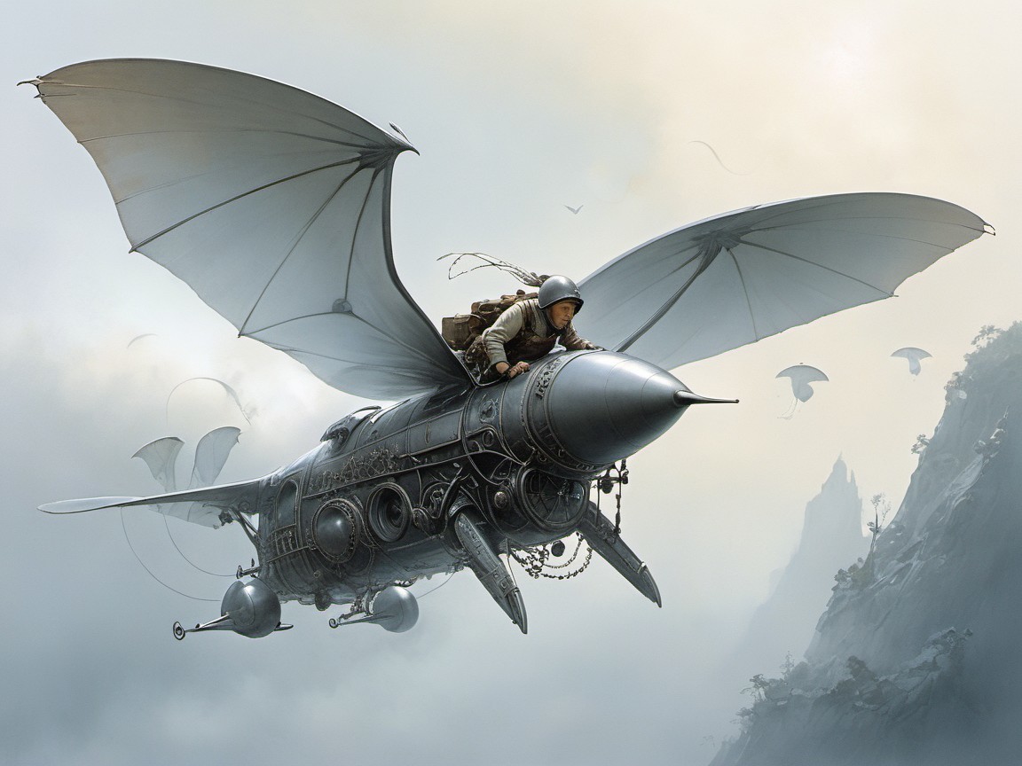 Steampunk Adventurer in Flying Machine with Wings