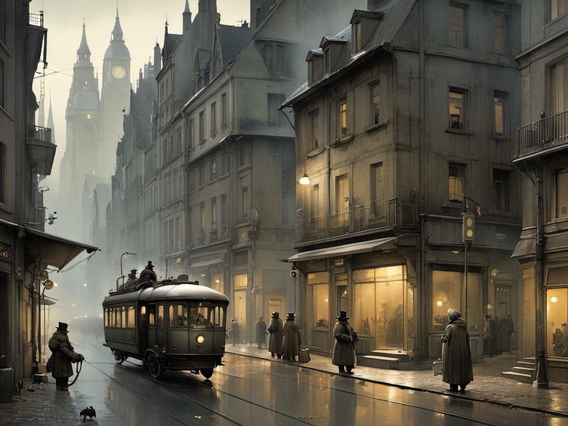 Dark Oil Painting of a City Street at Dusk