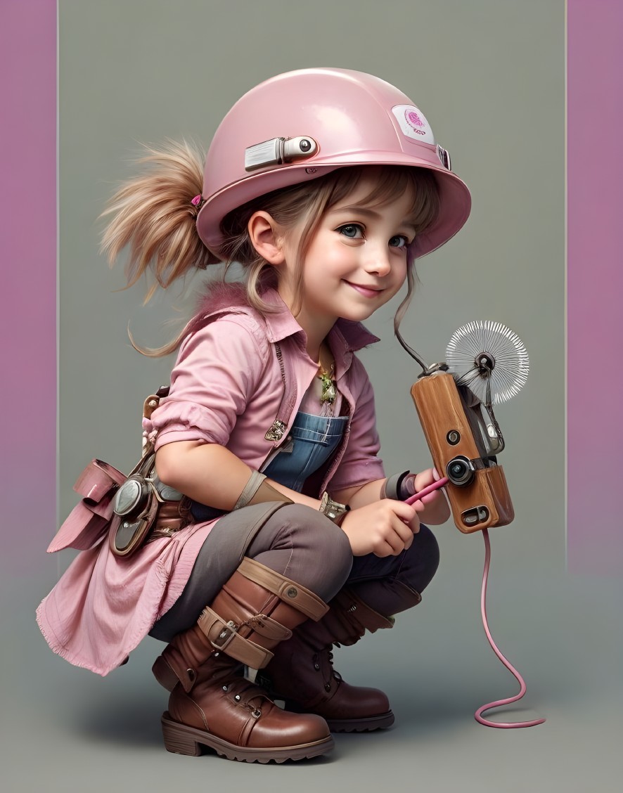 Young girl in pink shirt and denim overalls with propeller box and helmet