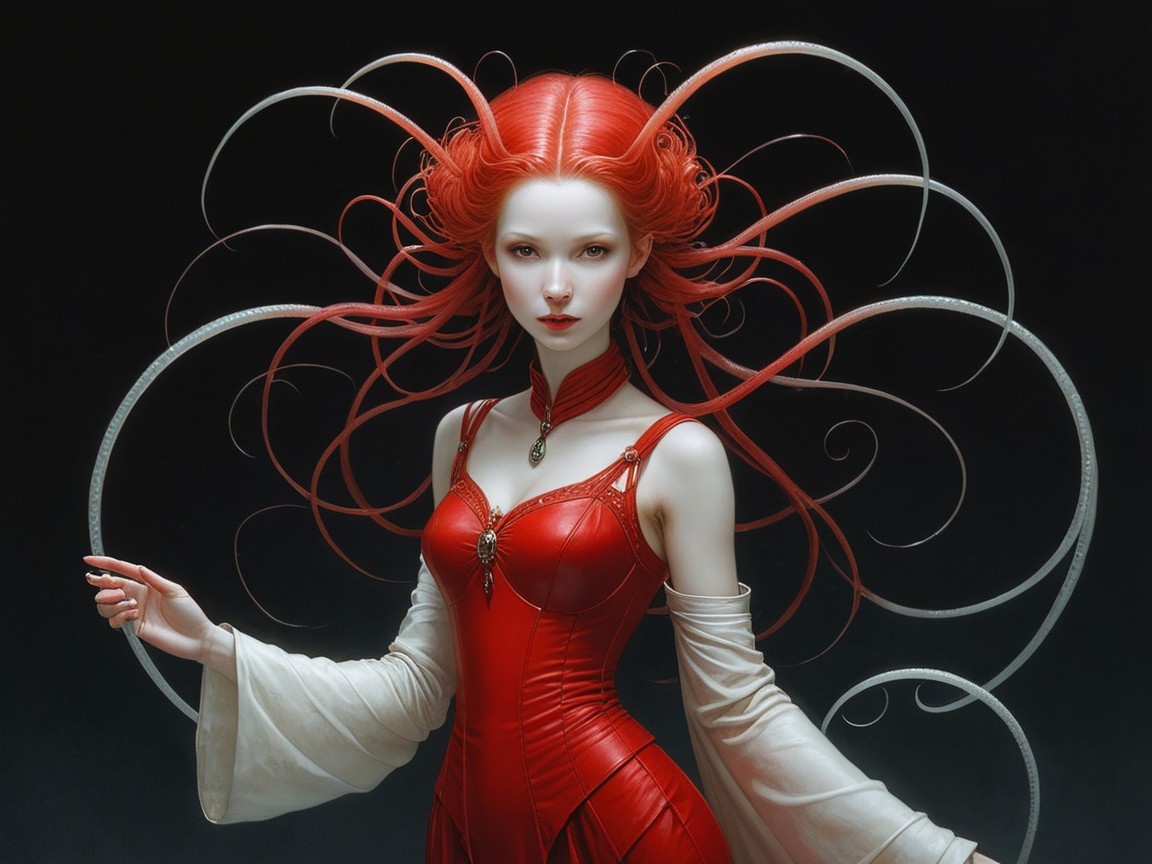 Vibrant Red-Haired Character in Elegant Outfit
