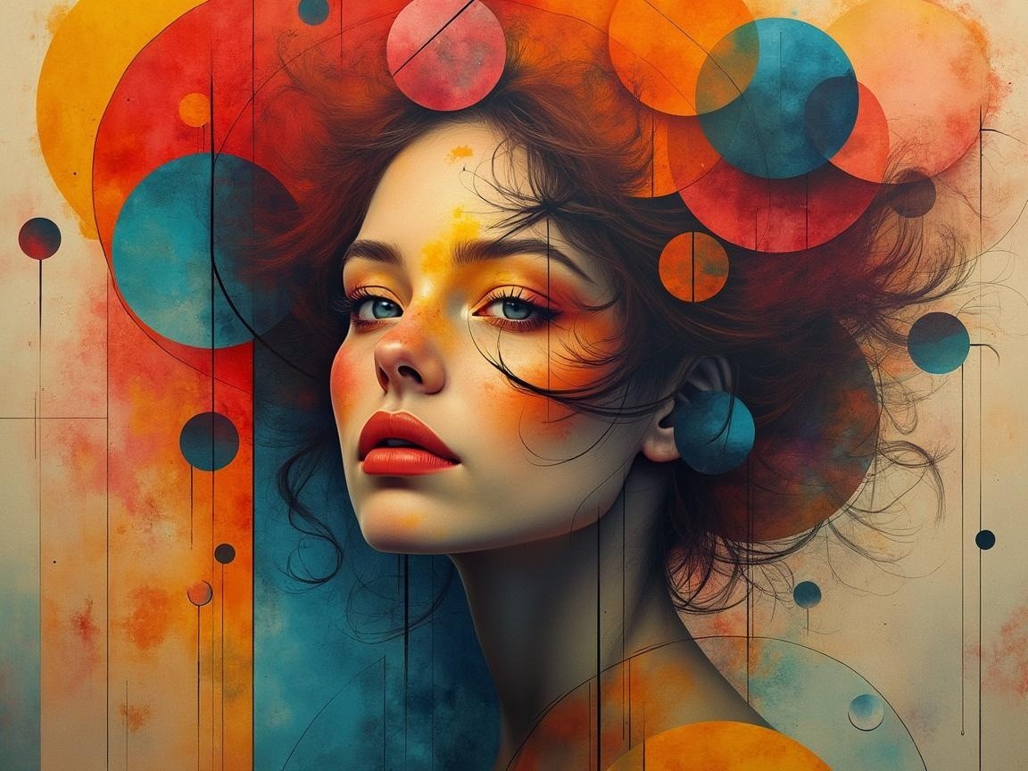 Vibrant Portrait of Woman with Abstract Shapes and Colors