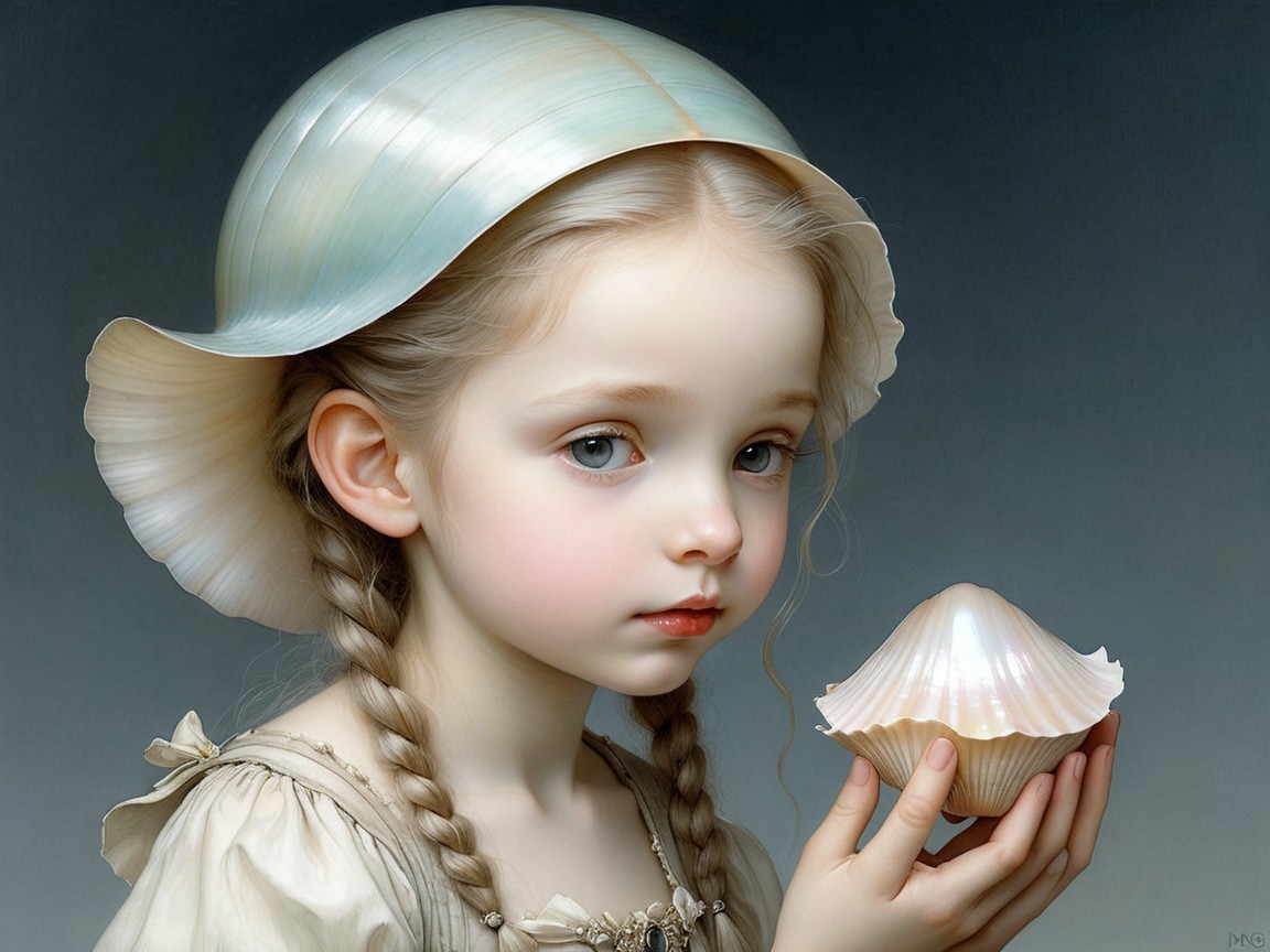 Young girl holding iridescent shell in soft portrait