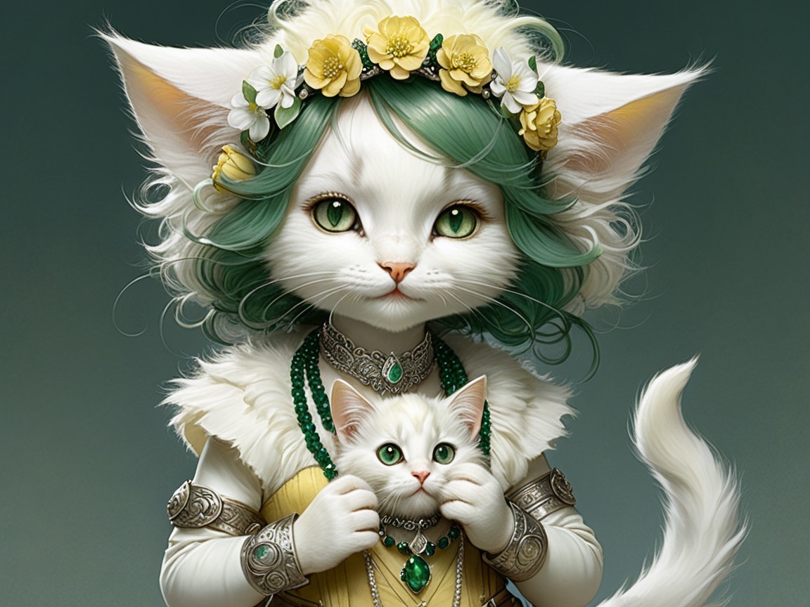 Whimsical Cat Portrait with Floral Crown and Kitten
