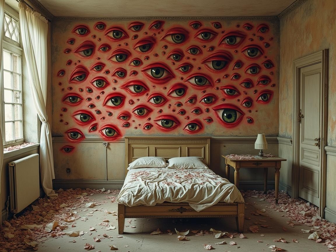 Mural of Eyes in Dimly Lit Room with Petals